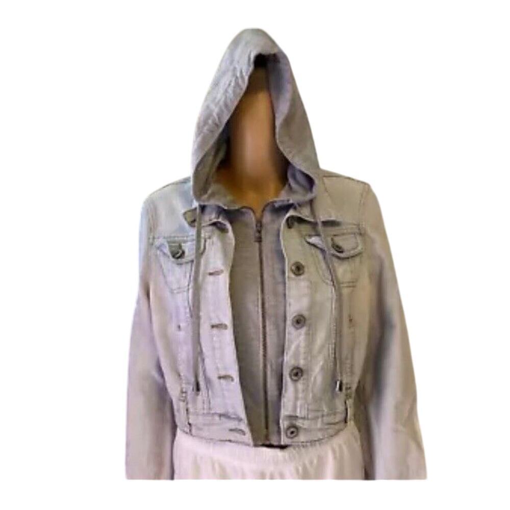 Y2K Blue Alphalt Denim Button/Zip Up Cropped Trucker Jacket Women L Blue Pocket